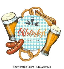 Oktoberfest celebration background. Hand drawn beer, pretzel, sausage and hod dog. Hand made lettering. Sketch. Oktoberfest design for menu, poster, banner, flyer, brochure, web. Advertising 