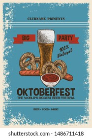 Oktoberfest celebration background. Hand drawn beer, pretzel, sauce and sausage. Hand made lettering. Sketch. Oktoberfest design for  poster, banner, flyer, brochure, web. Advertising. 