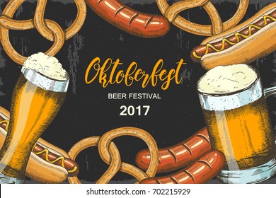 Oktoberfest celebration background with hand drawn beer, pretzel, sausage and hod dog. Hand made lettering. Sketch. Oktoberfest design for menu, poster, banner, flyer, brochure, web. Advertising 