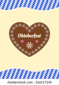 Oktoberfest celebration background with  a traditional gingerbread cookie heart and Bavarian flag.  