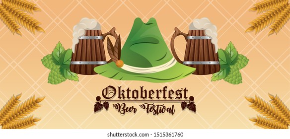 Oktoberfest Celebration banner design with beer and hunting hat, vector illustration