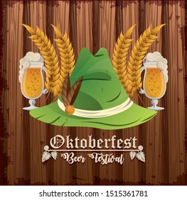 Oktoberfest Celebration banner design with beer and hunting hat, vector illustration