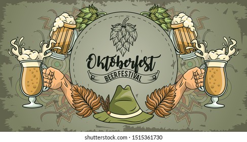 Oktoberfest Celebration banner design with hand cheers, vector illustration