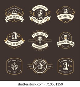 Oktoberfest celebration beer festival badges, labels and logos set retro style vector illustration.