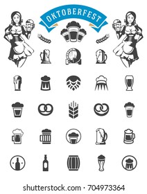 Oktoberfest celebration beer festival icons and objects set retro style vector illustration. Beer silhouettes isolated on white background.