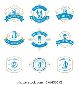 Oktoberfest celebration beer festival labels, badges and logos set retro style vector illustration.