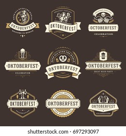 Oktoberfest celebration beer festival labels, badges and logos set retro style vector illustration.