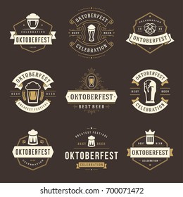 Oktoberfest celebration beer festival labels, badges and logos set retro style vector illustration.