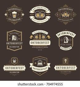 Oktoberfest celebration beer festival labels, badges and logos set retro style vector illustration.