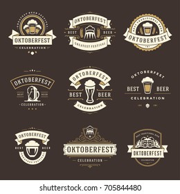 Oktoberfest celebration beer festival labels, badges and logos set retro style vector illustration.