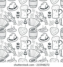 Oktoberfest celebration black and white seamless pattern, vector background with attributes of festival in doodle style