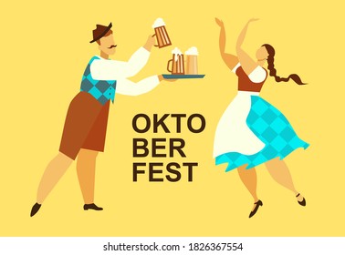 Oktoberfest celebration card, banner, poster template. Man with beer and woman wearing traditional clothes dance. Vector Illustration.
