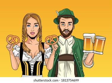 oktoberfest celebration card with german couple lifting beers and pretzels vector illustration design