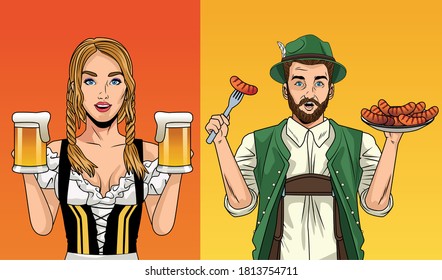 oktoberfest celebration card with german couple lifting beers and sausages vector illustration