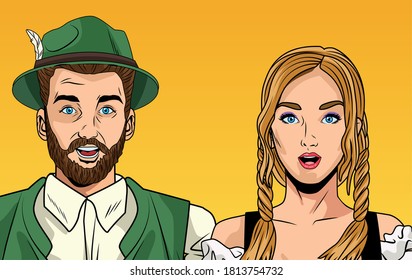 oktoberfest celebration card with german couple vector illustration design