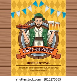 oktoberfest celebration card with german man lifting beers and sausages vector illustration design