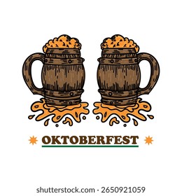 Oktoberfest comemoração aplaude os Steins de cerveja de madeira e a cerveja derramada