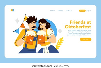 Oktoberfest celebration concept. Friends cheer with frothy beer mugs, dressed in traditional German attire on a festive background. Vector illustration.