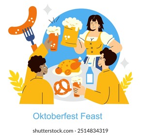 Oktoberfest celebration concept. Friends enjoy traditional food and beer at a festive gathering. German culture and social joyfulness. Vector illustration.