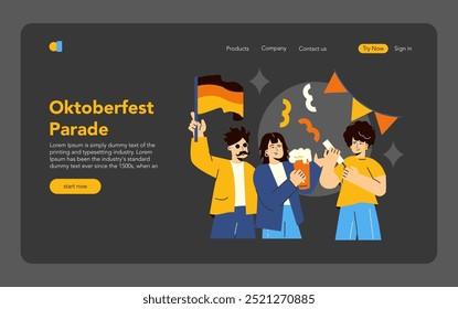 Oktoberfest celebration concept. Friends enjoy traditional beer and parade festivities, exuding German cultural spirit. Fun, camaraderie, and merriment in colorful attire. Vector illustration.