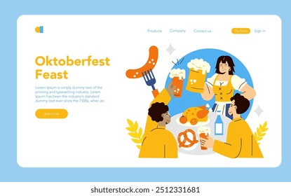 Oktoberfest celebration concept. Friends enjoying a traditional German feast with beer, sausages, and pretzels. Merriment at autumn festival. Vector illustration.