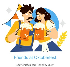 Oktoberfest-Konzept. Freunde toben bei einer festlichen bayerischen Veranstaltung mit traditionellen Bierbechern. Oktoberfestkleidung und fröhliche Stimmung. Vektorgrafik.