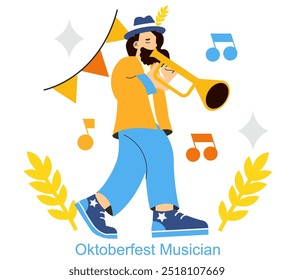 Conceito de celebração da Oktoberfest. Ilustração de um músico alegre tocando trompete em meio a símbolos do festival, transmitindo o prazer do evento. Ilustração vetorial.