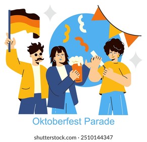 Conceito de celebração da Oktoberfest. Amigos alegres com cerveja e bandeira desfrutando do desfile festivo. Cultura festiva tradicional alemã e diversão. Ilustração vetorial.