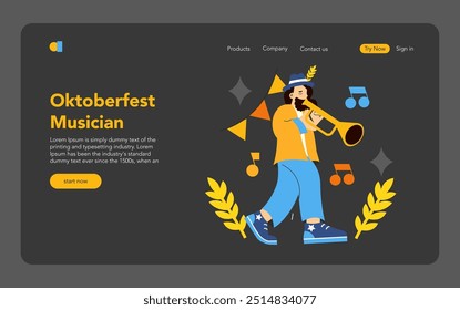 Conceito de celebração da Oktoberfest. Um músico alegre tocando trompete em meio a decorações de outono. Ambiente de celebração em um festival da Baviera. Ilustração vetorial.