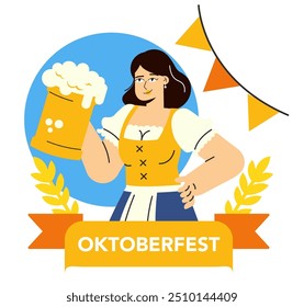 Conceito de celebração da Oktoberfest. Uma mulher alegre de trajes tradicionais segura uma caneca de cerveja espumosa. Design festivo com trigo e bandeiras. Ilustração vetorial.