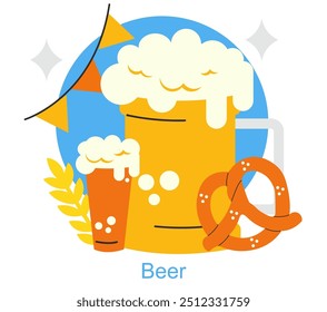 Conceito de celebração da Oktoberfest. Canecas de cerveja transbordando com cabeças espumosas ao lado de um pretzel e cevada. Ilustração de vetor festiva e alegre.