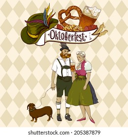 Oktoberfest celebration design with Bavarian hat, beer glasses, pretzel and people in traditional costumes.