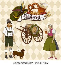 Oktoberfest celebration design with Bavarian hat, beer glasses, pretzel and people in traditional costumes.