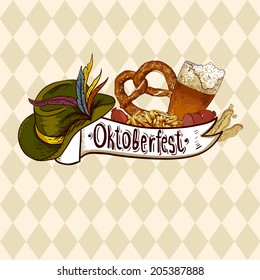 Oktoberfest celebration design with Bavarian hat, beer glasses and pretzel. Vector illustration