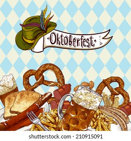 Oktoberfest celebration design with Bavarian hat, beer glasses and pretzel. Vector illustration, Decorative vintage Oktoberfest card