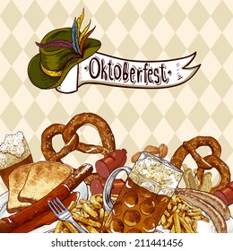 Oktoberfest celebration design with Bavarian hat, beer glasses and pretzel. Vector illustration