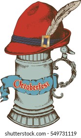 Oktoberfest celebration design with Bavarian hat and beer mug. Vector illustration. Engraving style
