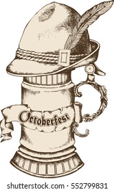Oktoberfest celebration design with Bavarian hat and beer mug. Vector illustration. Engraving style
