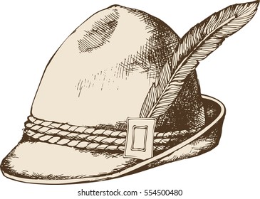 Oktoberfest celebration design with Bavarian hat. Vector illustration. Engraving style