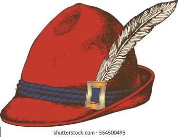 Oktoberfest celebration design with Bavarian hat. Vector illustration. Engraving style