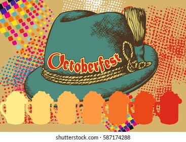 Oktoberfest celebration design with Bavarian hat and beer mug. Vector illustration. Engraving style