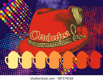 Oktoberfest celebration design with Bavarian hat and beer mug. Vector illustration. Engraving style