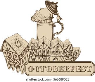 Oktoberfest celebration design with beer mug. Vector illustration. Engraving style