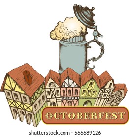 Oktoberfest celebration design with beer mug. Vector illustration. Engraving style