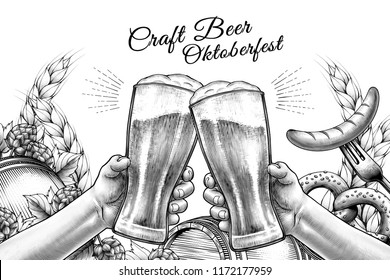 Oktoberfest celebration design in engraved style, hands holding beer glasses and cheering on white background filled with ingredients
