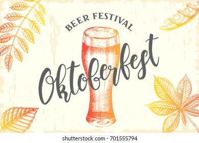 Oktoberfest celebration design with hand drawn doodle glass of beer, autumn leaves and hand made lettering. Sketch. Engraving illustration. Beer festival. Banner, flyer, brochure, web. Advertising.