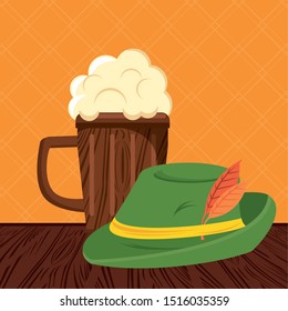 Oktoberfest Celebration design with hat and beer, vector illustration