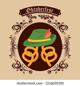 Oktoberfest Celebration design with hunting hat and pretzel, vector illustration