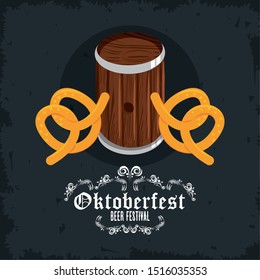Oktoberfest Celebration design with pretzel and beer barrel, vector illustration