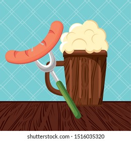 Oktoberfest Celebration design with sausage and beer, vector illustration